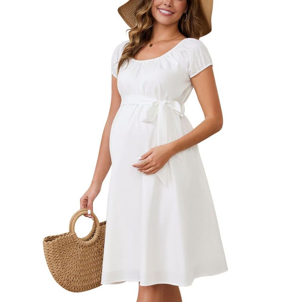 Maternity Boho Babydoll Wedding Summer Midi Tie Waist Pleated Dress White